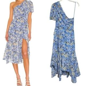 ASTR The Label one shoulder blue floral midi cocktail dress